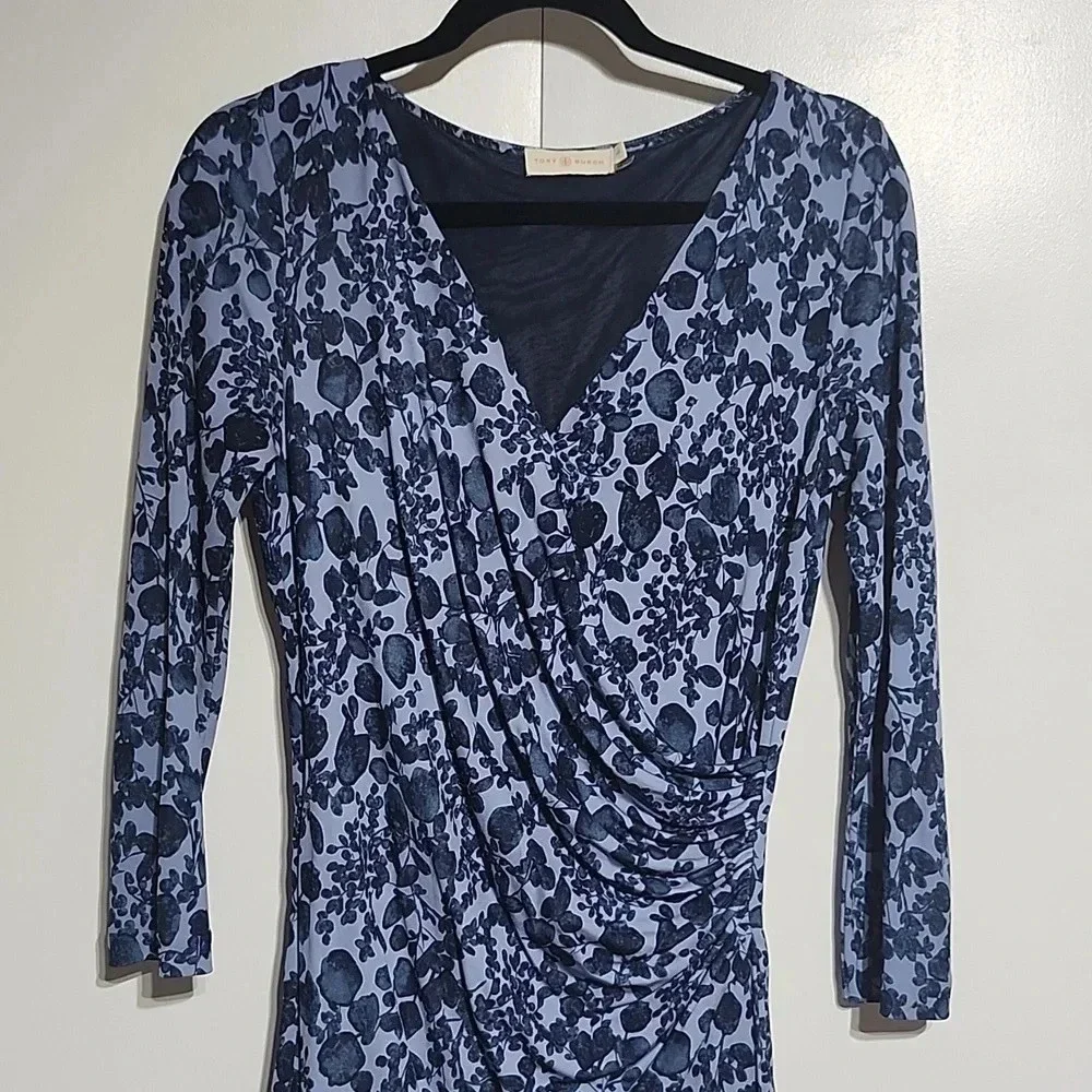 Tory Burch Blue Floral Ruched Dress Size S V-Neck 3/4 Sleeve Designer